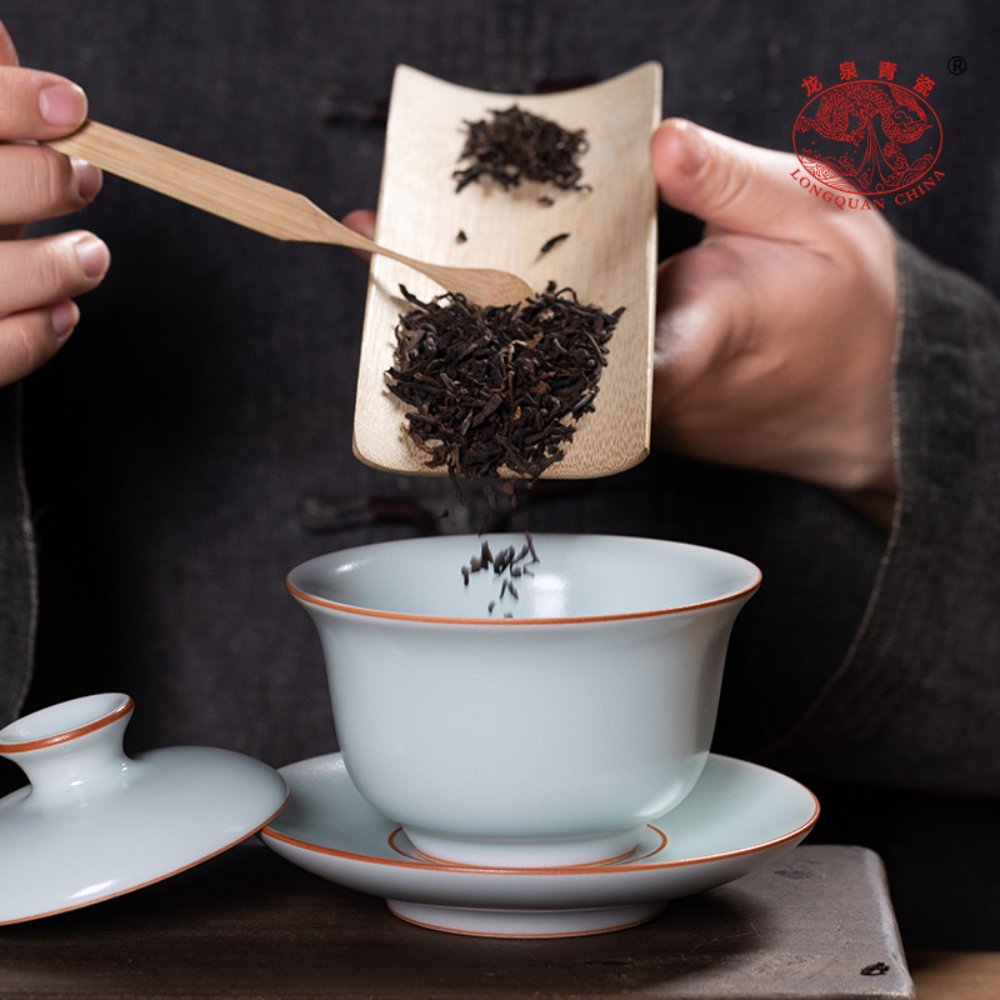 Longquan Celadon Porcelain Gaiwan with Gold Line and White Accents, Large Size 200ML, Gift Box Set