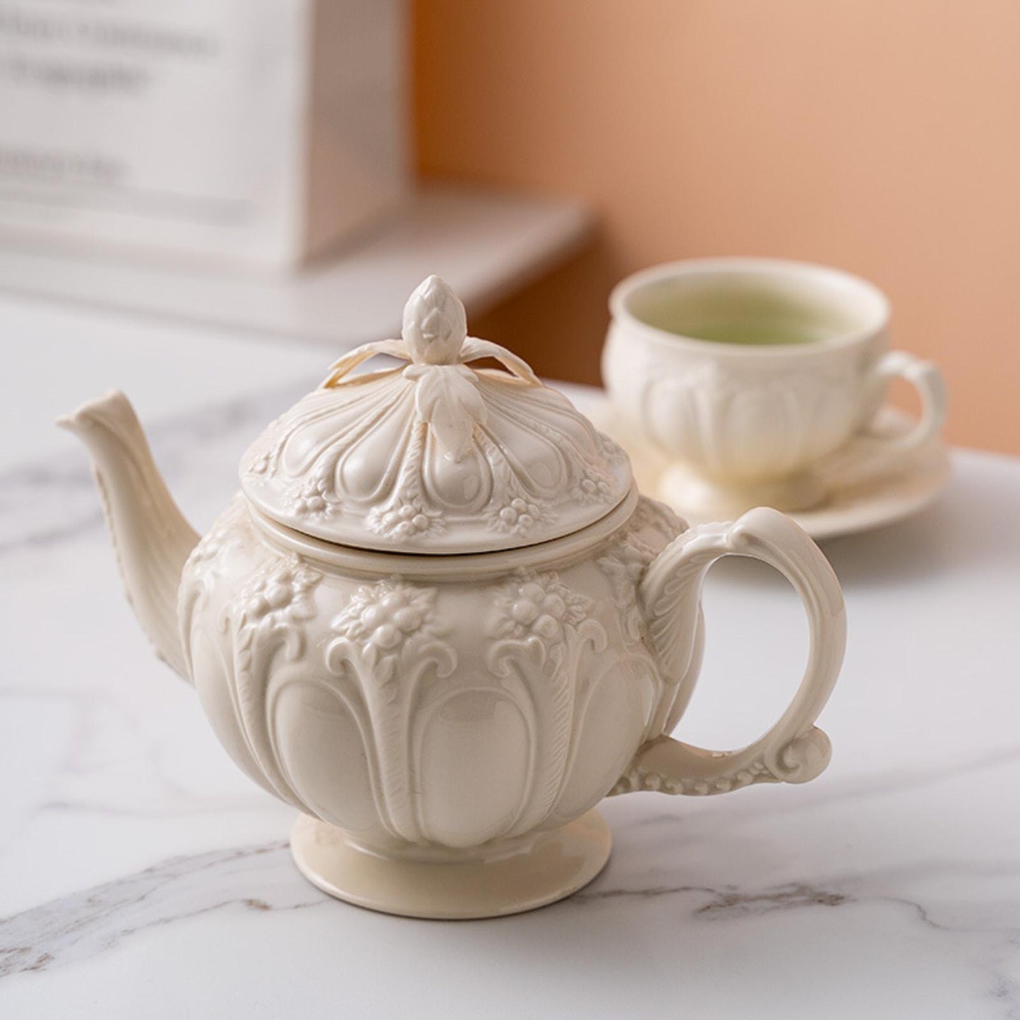 Handcrafted Embossed Vintage Palace Tea Set – Porcelain Teapot and Cup with Saucer for Afternoon Tea