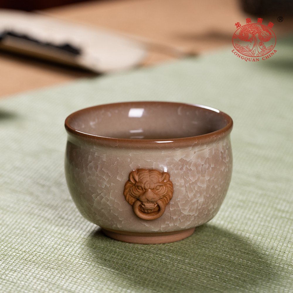 Longquan Celadon Crackle Glaze Lion Head Tea Cup – Ice Crack Ceramic Master Cup