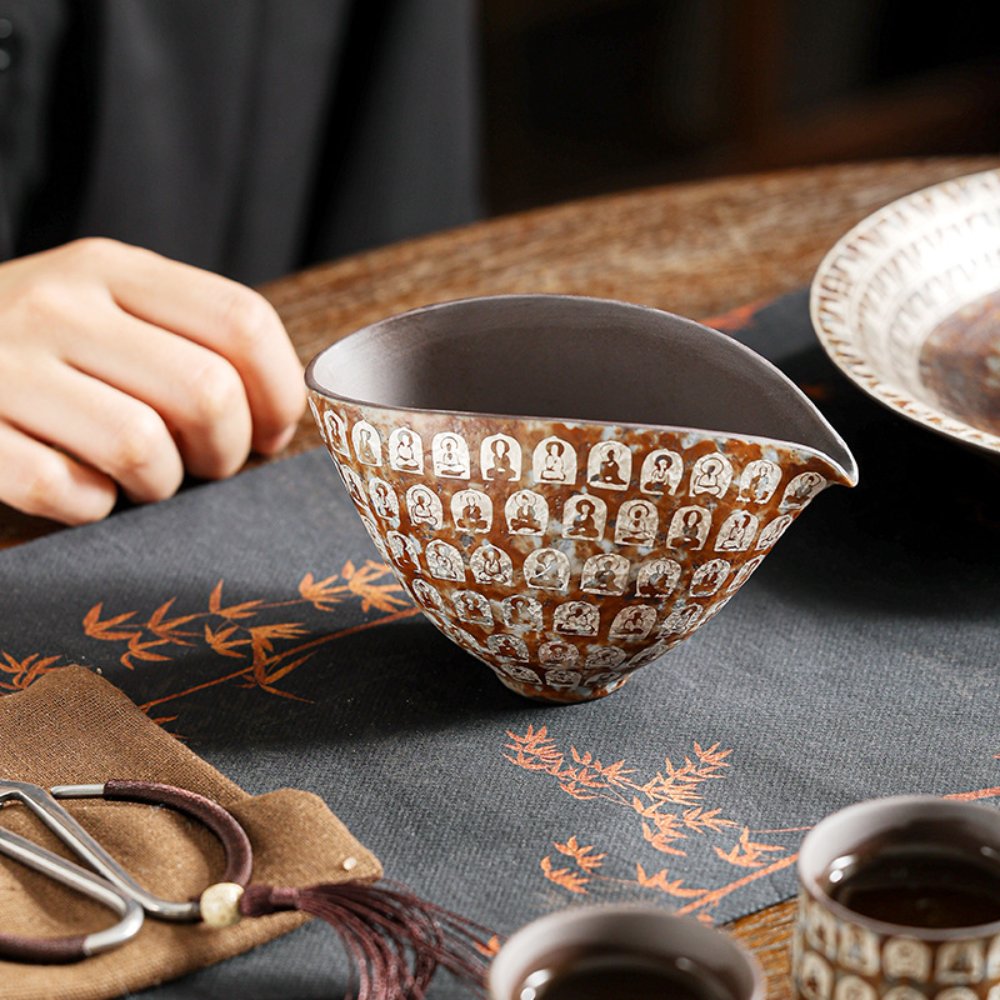 Vintage Thousand Buddha Ceramic Fairness Cup with Silver Accent – Handcrafted Gongfu Tea Pitcher