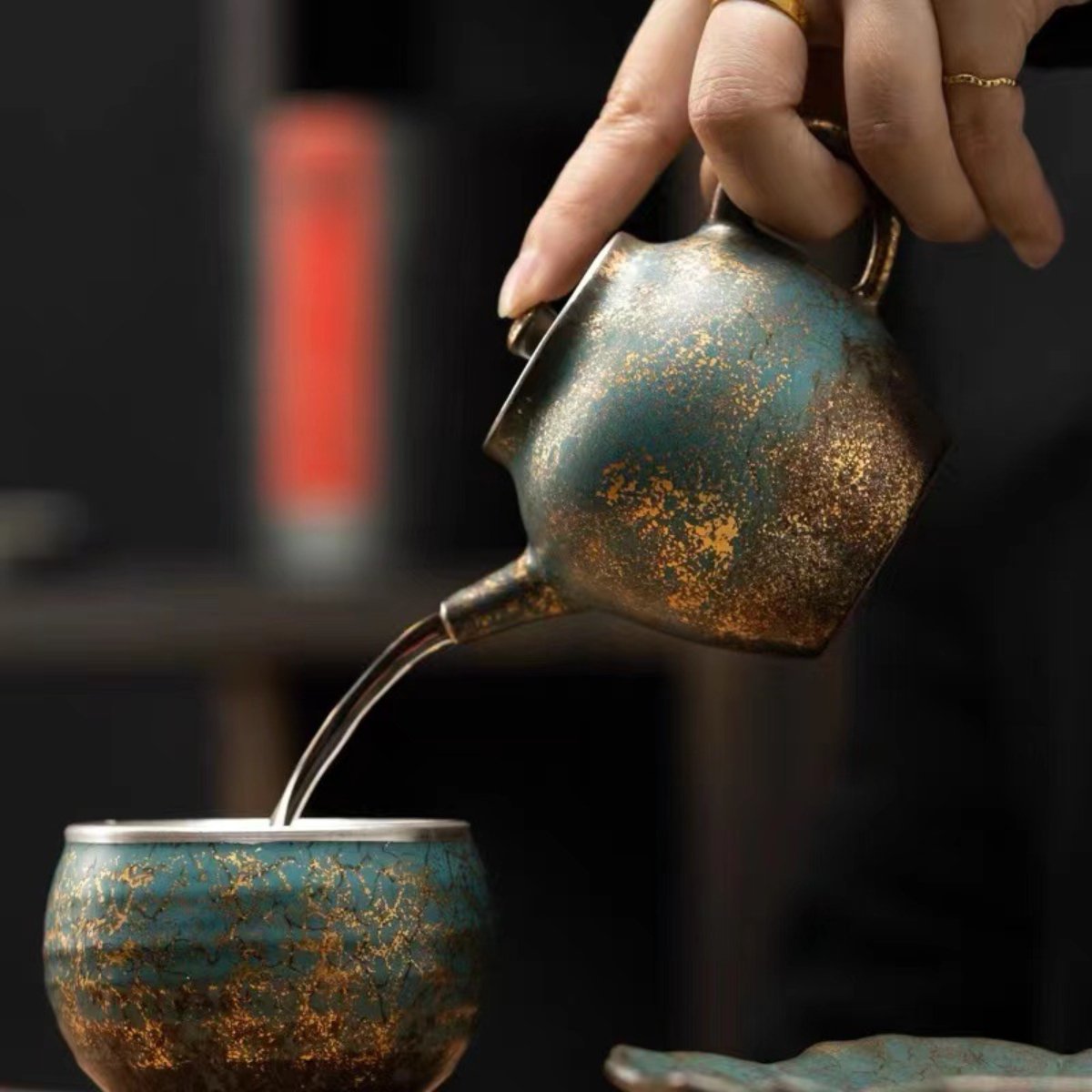 Evergreen Glaze Ceramic Teapot with Vintage Gold Accents – 5.4oz (160ML) Handcrafted Tea Kettle