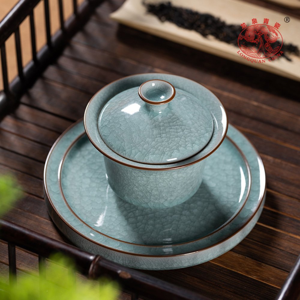 Large Longquan Celadon Ice-Crystal Gaiwan with Tray (San Cai) – 170ML Gift Box Set
