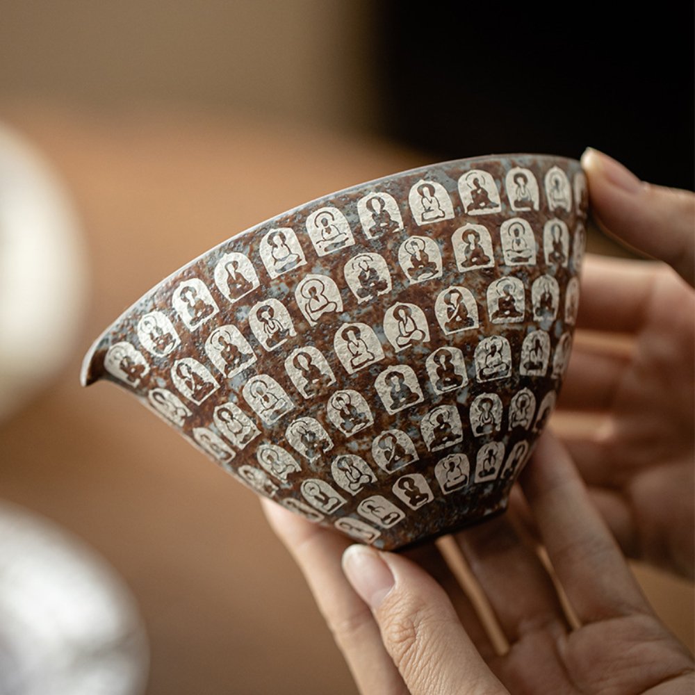 Vintage Thousand Buddha Ceramic Fairness Cup with Silver Accent – Handcrafted Gongfu Tea Pitcher