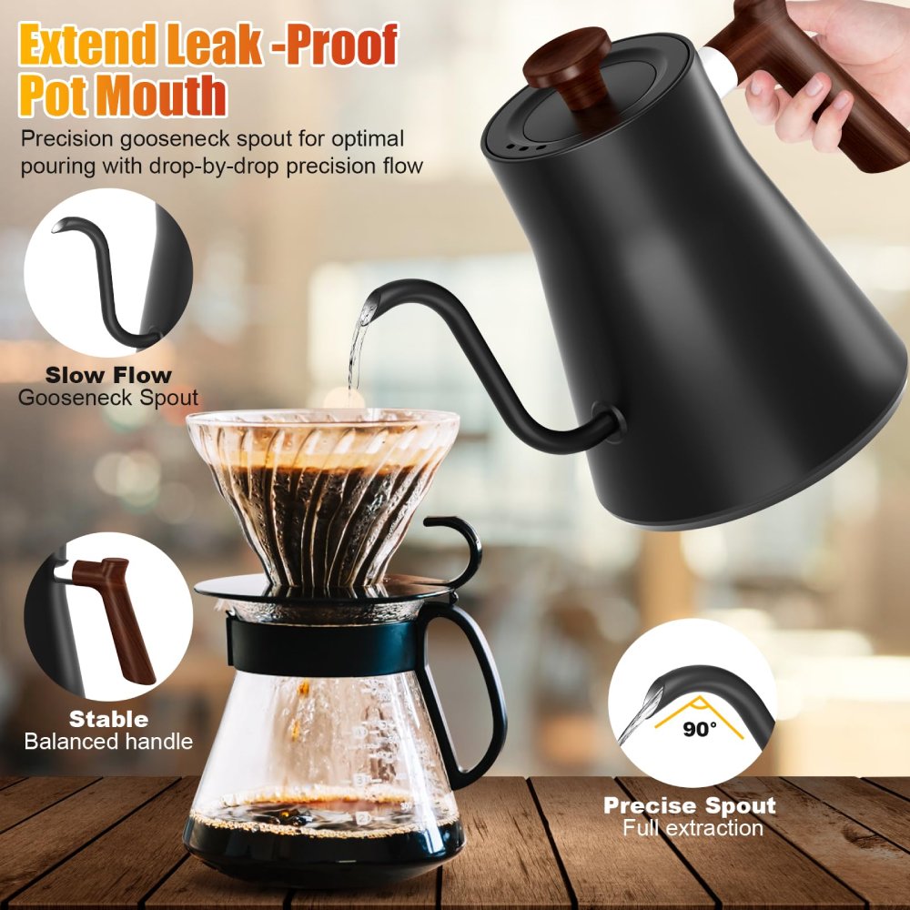 Variable Temperature Gooseneck Electric Kettle 0.9L – Fast Heating, 304 Stainless Steel for Tea