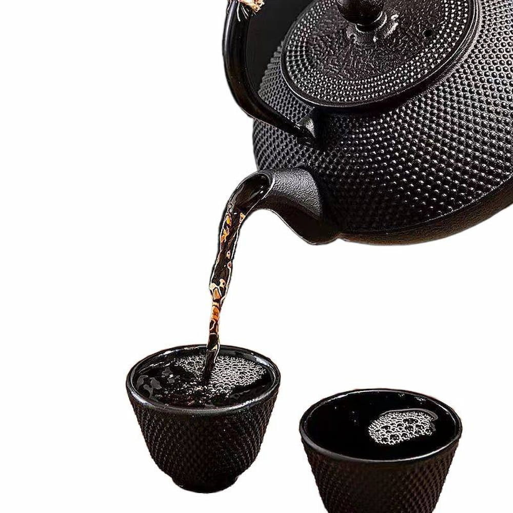 Black Cast Iron Tea Set – 900ml Teapot with Coasters, 4 Cups & Gift Box