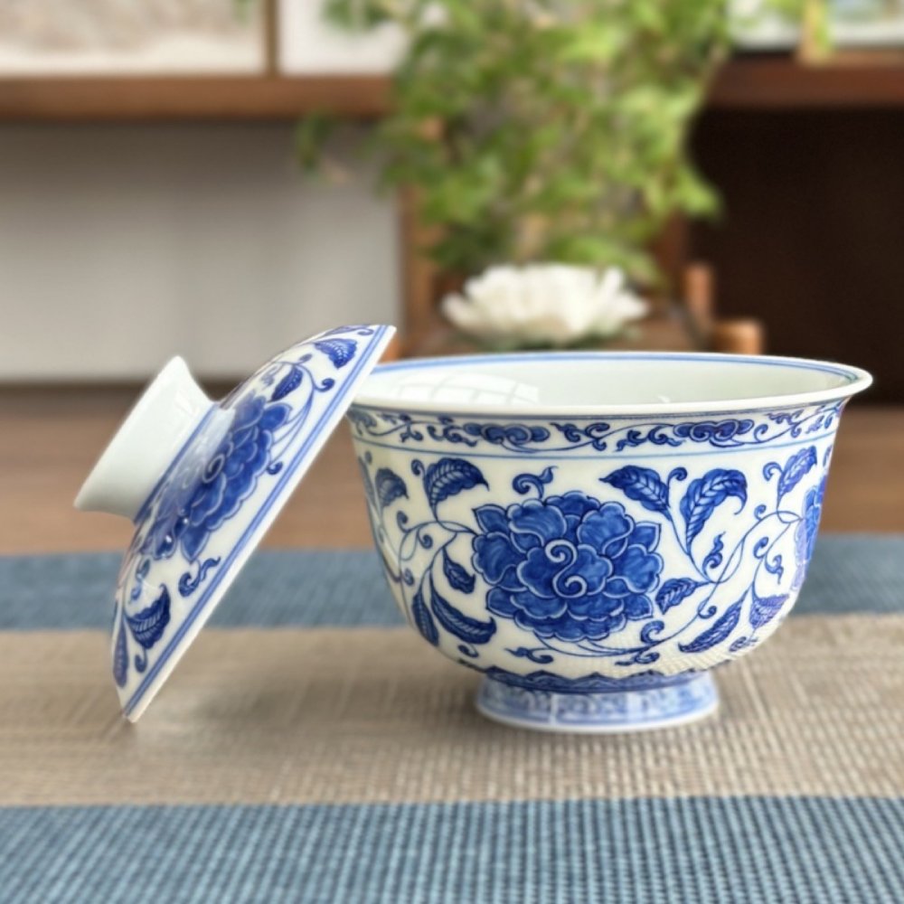 Hand-Painted Blue & White Porcelain Peony Gaiwan with Gift Box – Jingdezhen Artisan