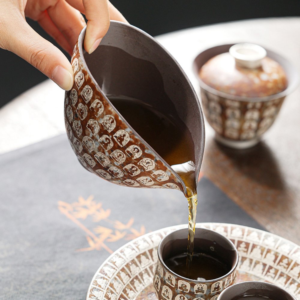 Vintage Thousand Buddha Ceramic Fairness Cup with Silver Accent – Handcrafted Gongfu Tea Pitcher