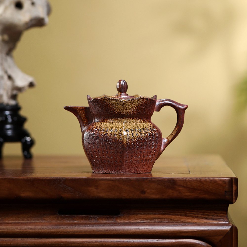Six-Sided Monk Hat Yixing Zisha Teapot – Wood-Fired Duan Ni Clay, Hand-Carved Sutra, 290ml / 9.8oz
