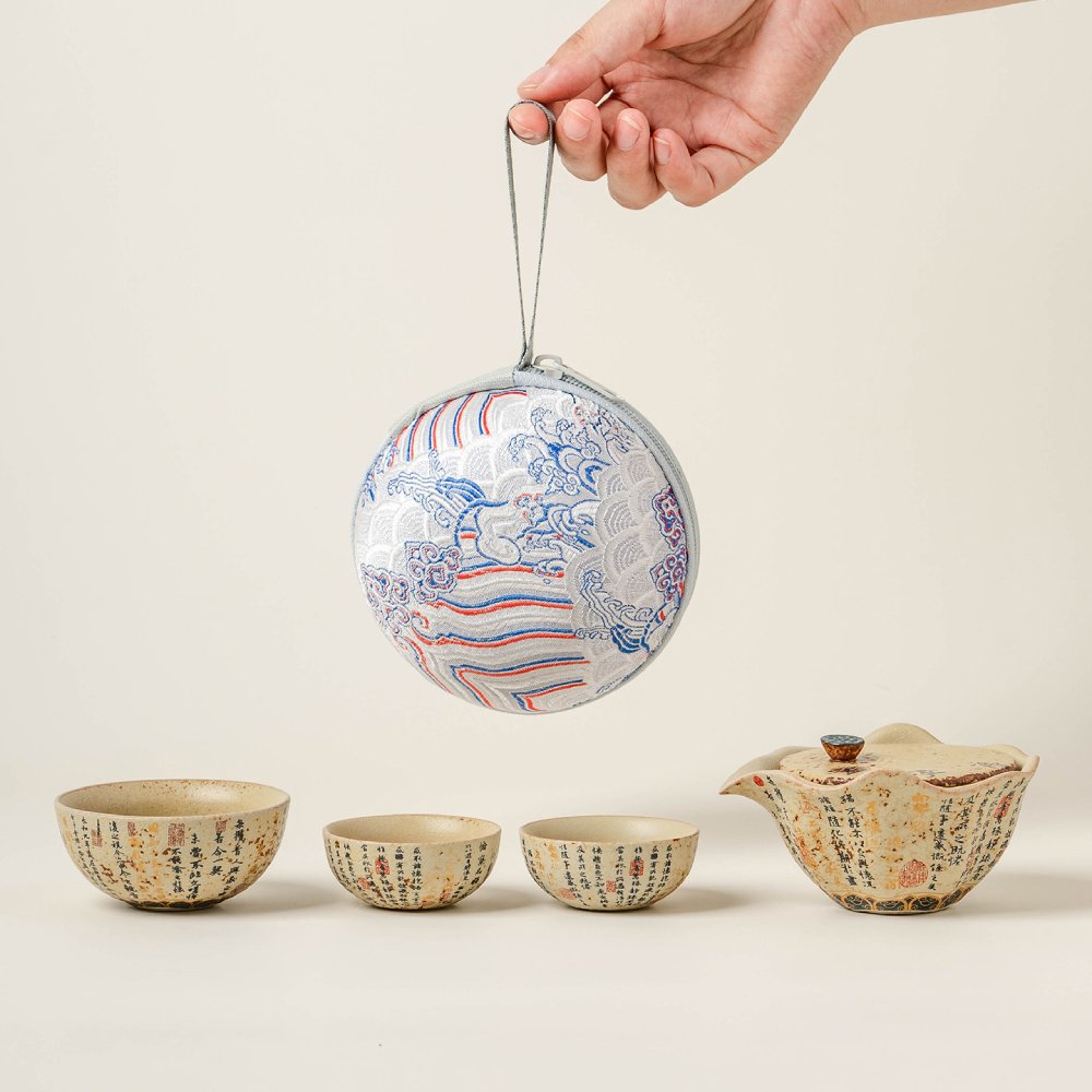 Blue & White Firestone Red Lanting Xu Lotus Leaf Travel Tea Set – Portable Gongfu Tea Set for Adults