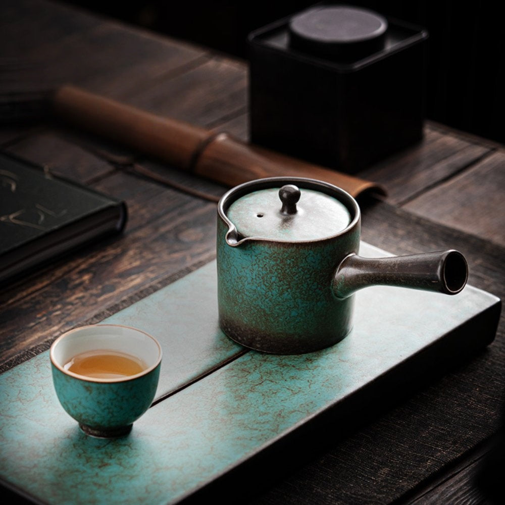 Zhanlan Blue Glazed Retro Ceramic Side-Handle Teapot 5 oz