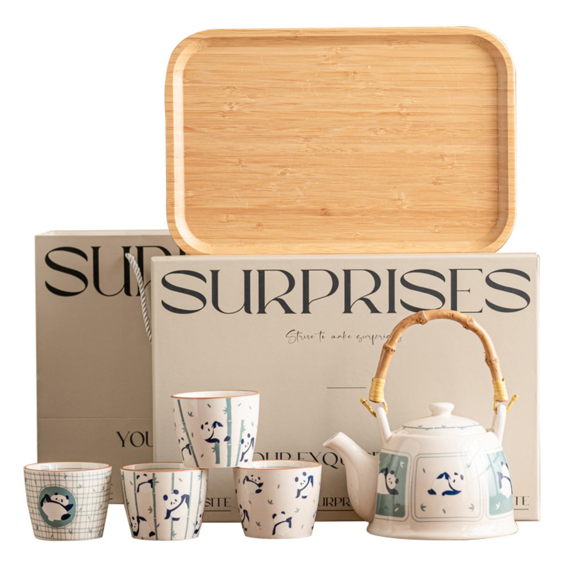 Milk Panda Gongfu Tea Set Gift Box – Ceramic Teapot with 4 Panda Cups and Bamboo Tray