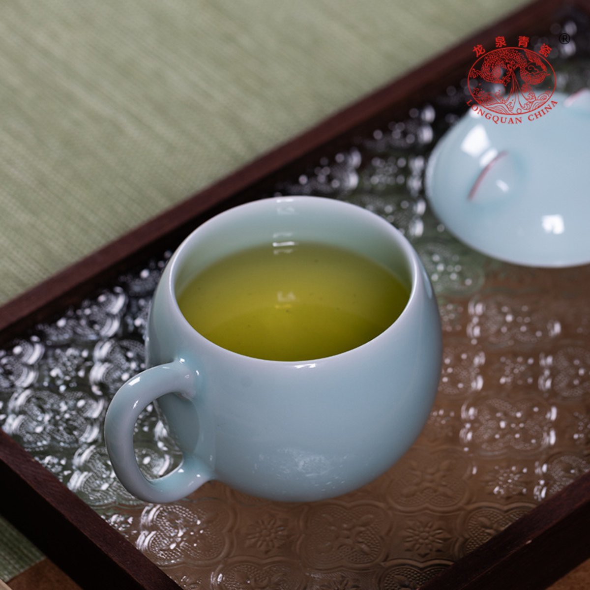 Longquan Celadon Lucky Cat Ceramic Mug with Lid – 10 oz Office Coffee Cup