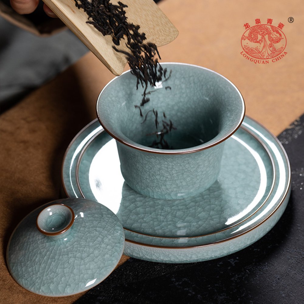 Large Longquan Celadon Ice-Crystal Gaiwan with Tray (San Cai) – 170ML Gift Box Set