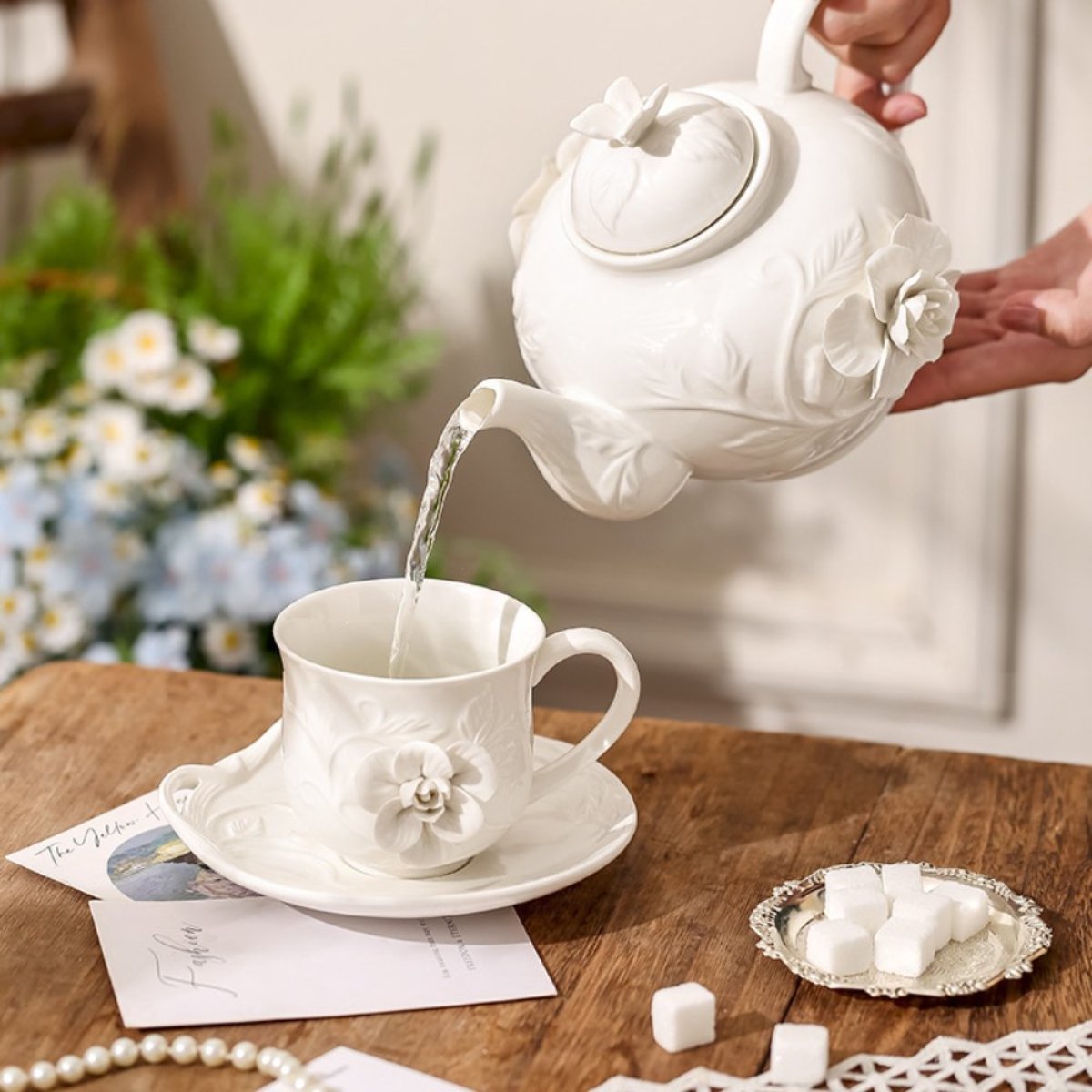 Vintage Embossed Teapot Set with 2 Cups & Saucers – Handmade Ceramic Afternoon Tea Set