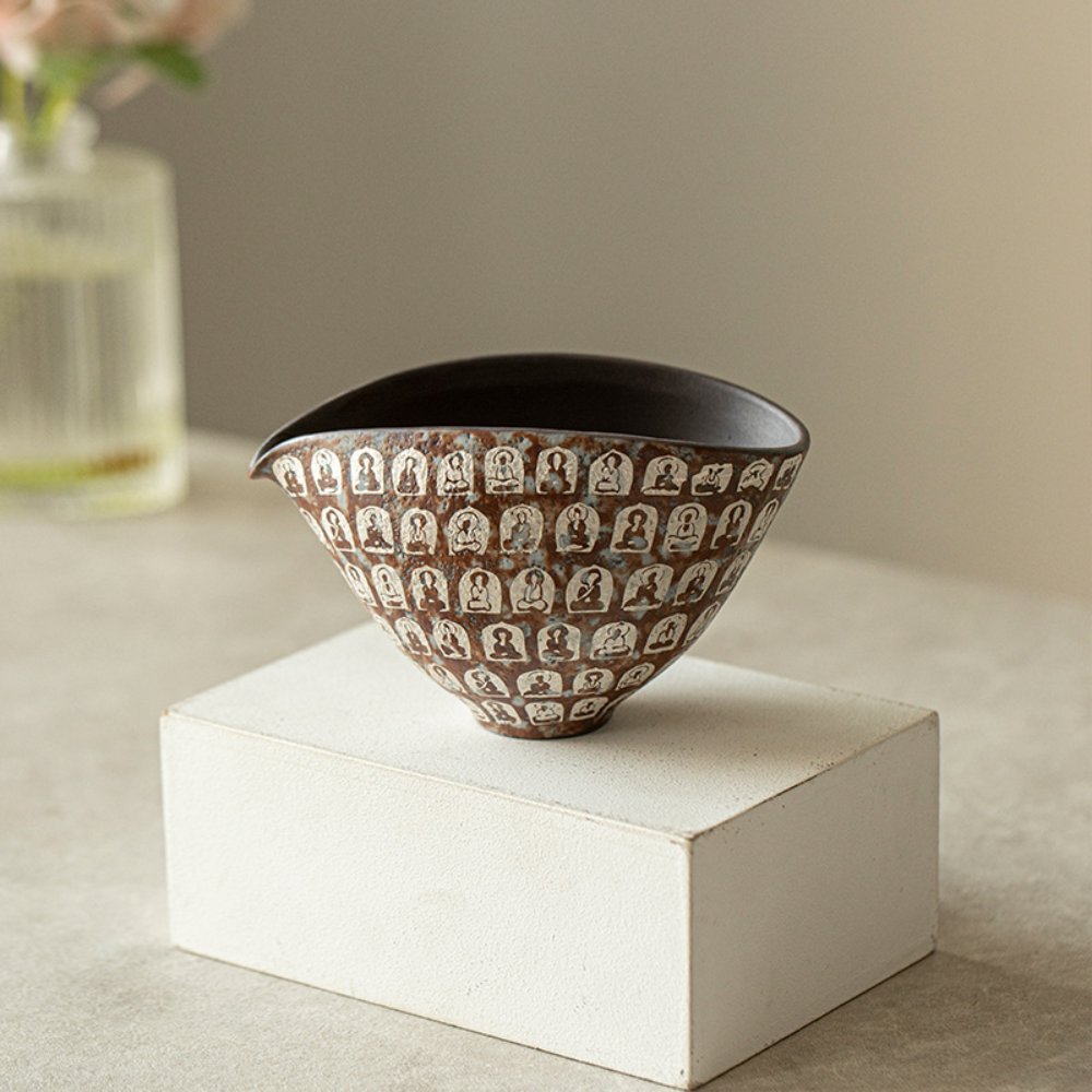 Vintage Thousand Buddha Ceramic Fairness Cup with Silver Accent – Handcrafted Gongfu Tea Pitcher
