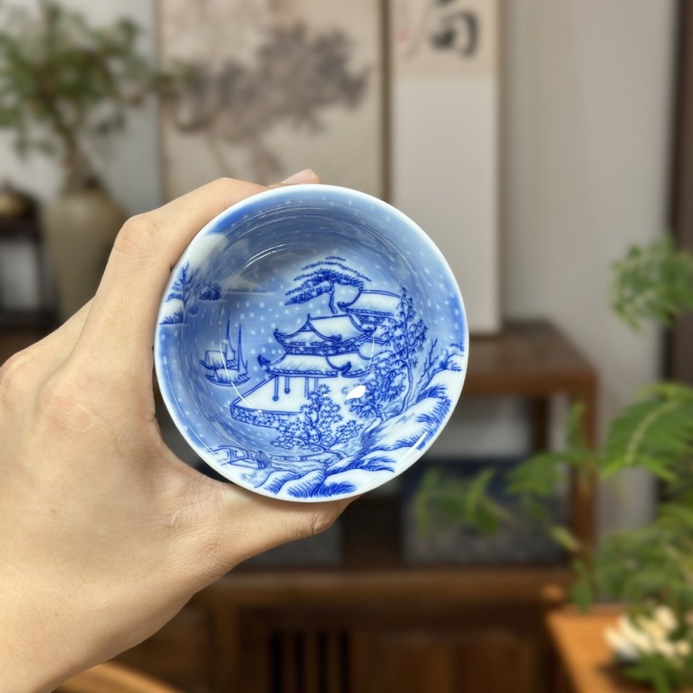 Blue & White Snow Scenery Hand-Painted Press Tea Cup – Master Cup from Jingdezhen