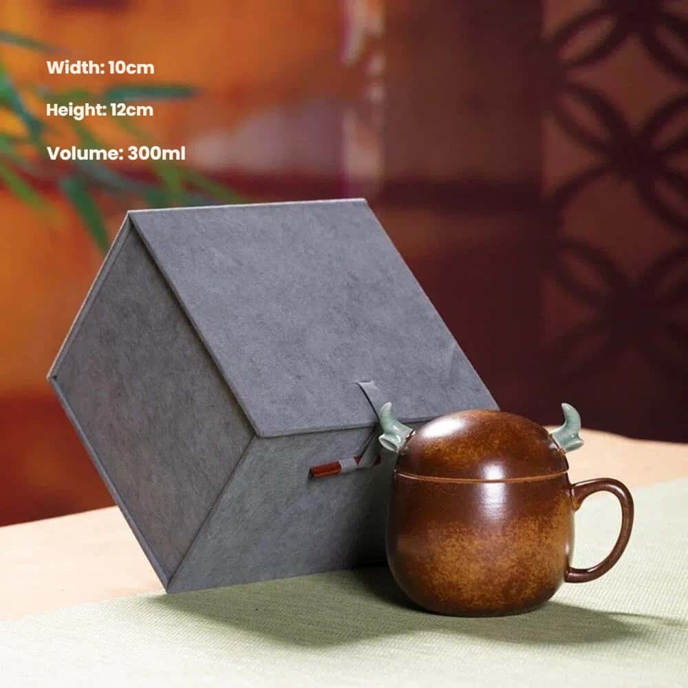Longquan Celadon Tea Mug – Handmade Ceramic Cup with Oxhorn Lid, Perfect Gift