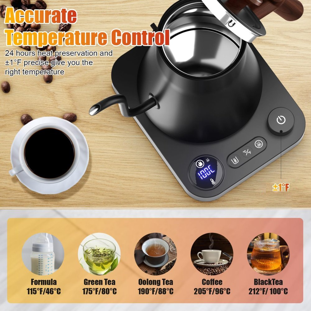 Variable Temperature Gooseneck Electric Kettle 0.9L – Fast Heating, 304 Stainless Steel for Tea