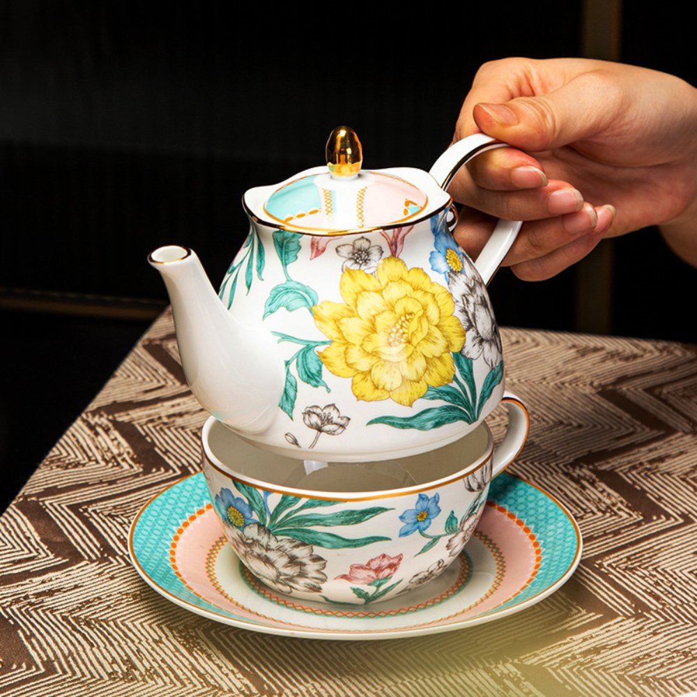 Bone China Floral Tea-for-One Set – Stackable Teapot, Cup & Saucer Gift Set