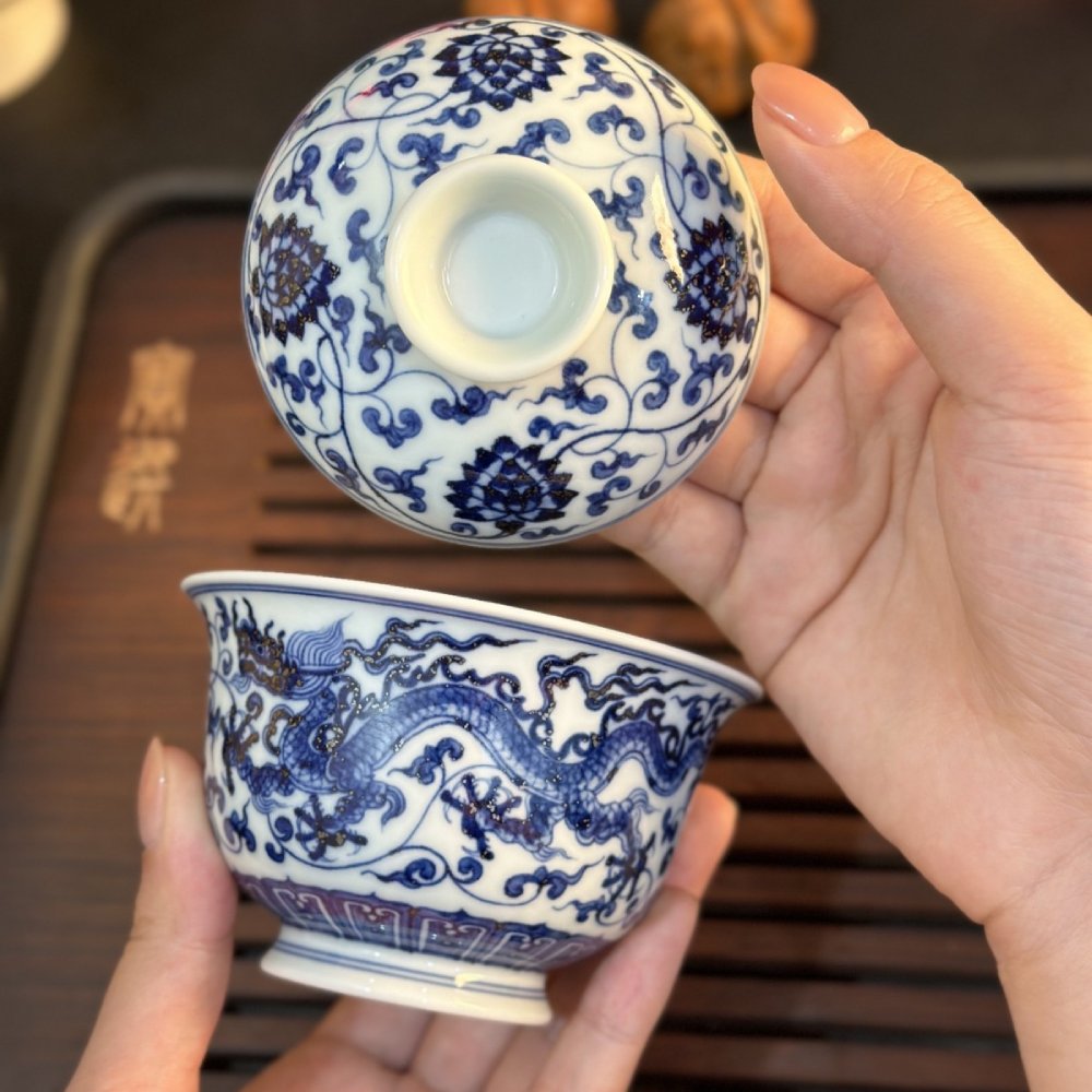 Hand-Painted Blue & White Double Dragon Gaiwan Tea Set with Tray – Jingdezhen Artisan (3-Piece Set)