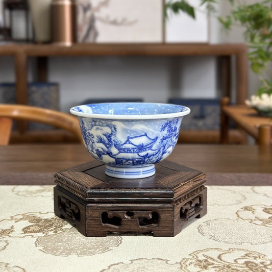 Blue & White Snow Scenery Hand-Painted Press Tea Cup – Jingdezhen Master Cup