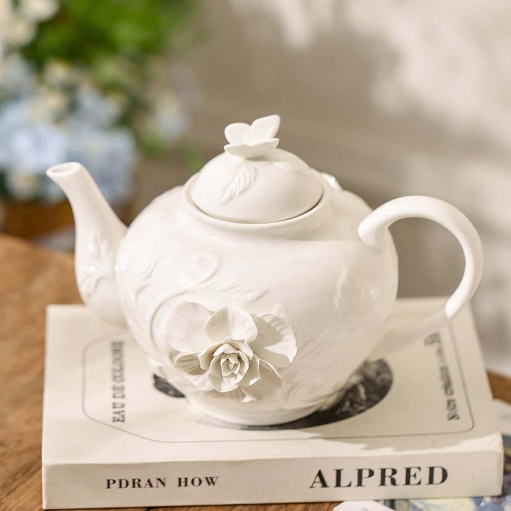 Vintage Embossed Teapot Set with 2 Cups & Saucers – Handmade Ceramic Afternoon Tea Set