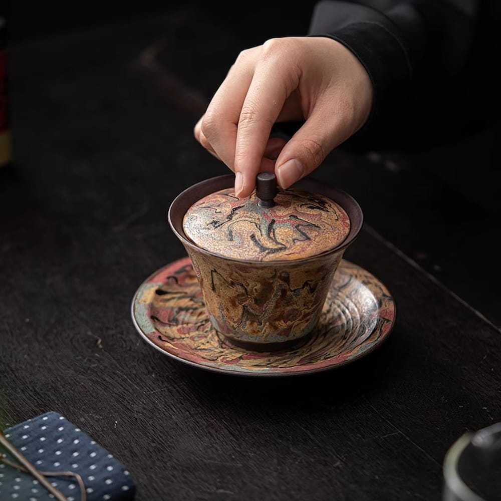 Handmade Dunhuang-Style Ceramic Gaiwan Cup – Hand-Painted Clay Gaiwan for Gongfu Tea