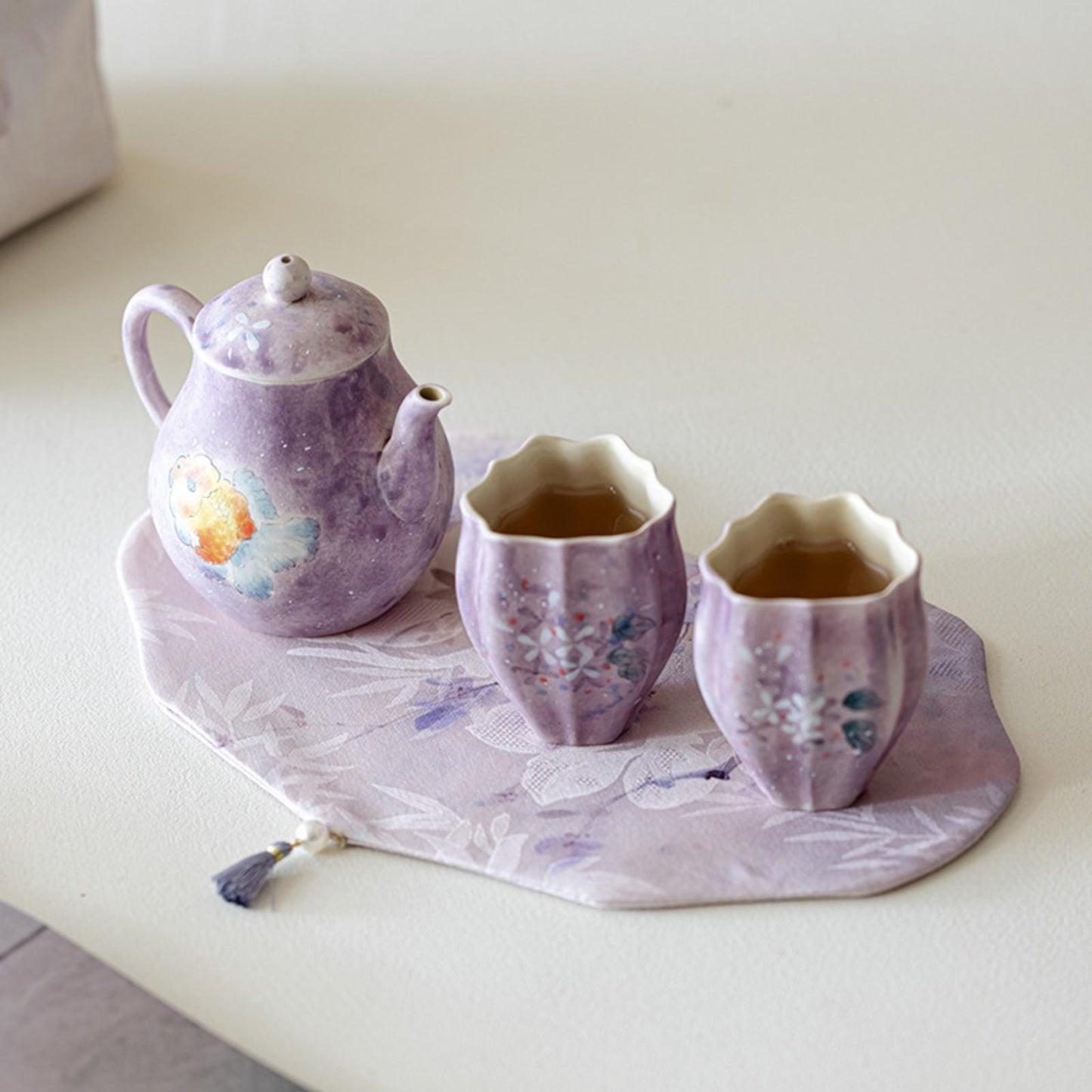 Zilin Travel Tea Set with Luxury Tea Serving Tray & Accessories, Hand-Painted Goldfish Motif, Porcelain Tea Set for Home, Office, or Gift