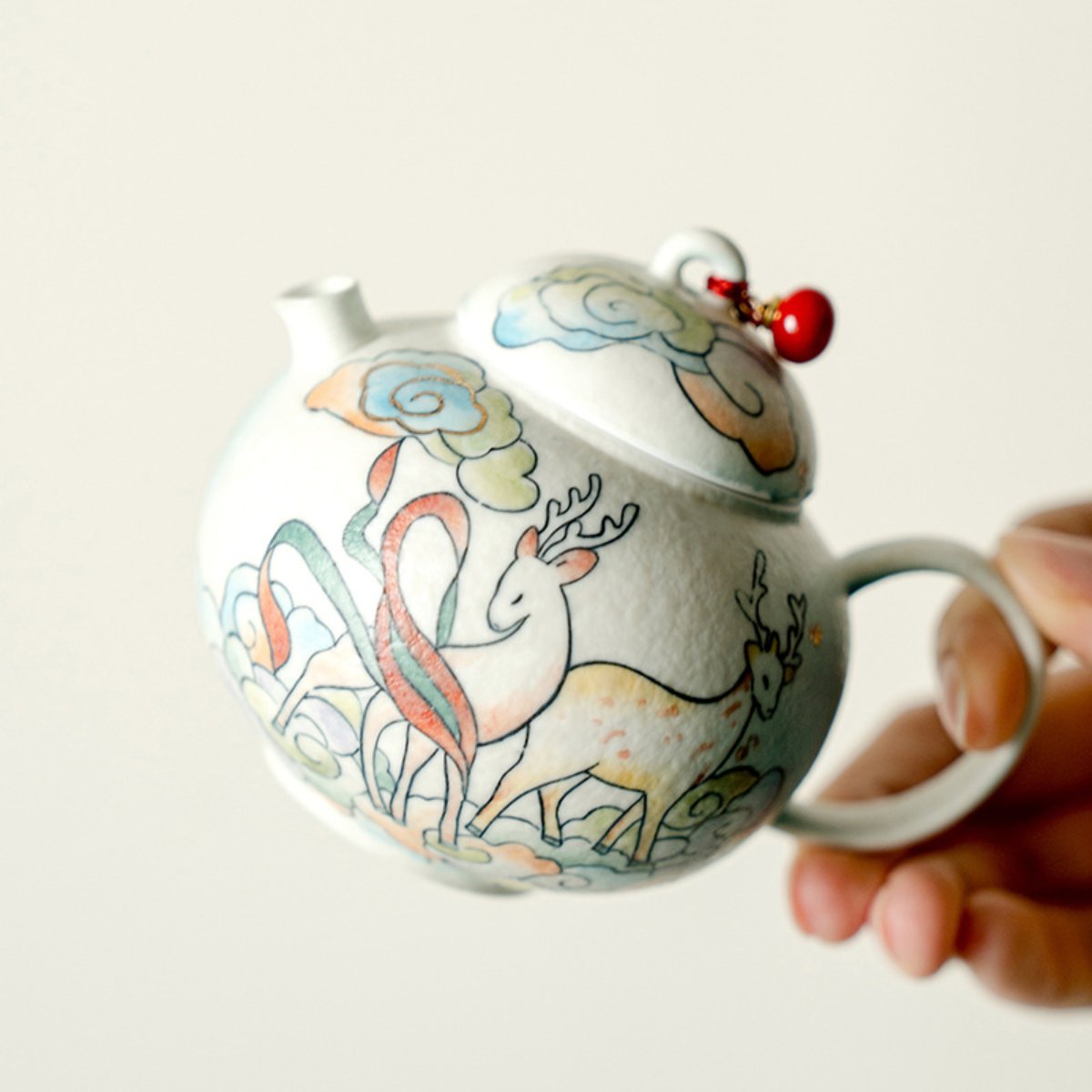 Hand-Painted Cloud Deer Round Belly Teapot Gift Set – 5 fl oz Ceramic Teapot with Built-In Strainer