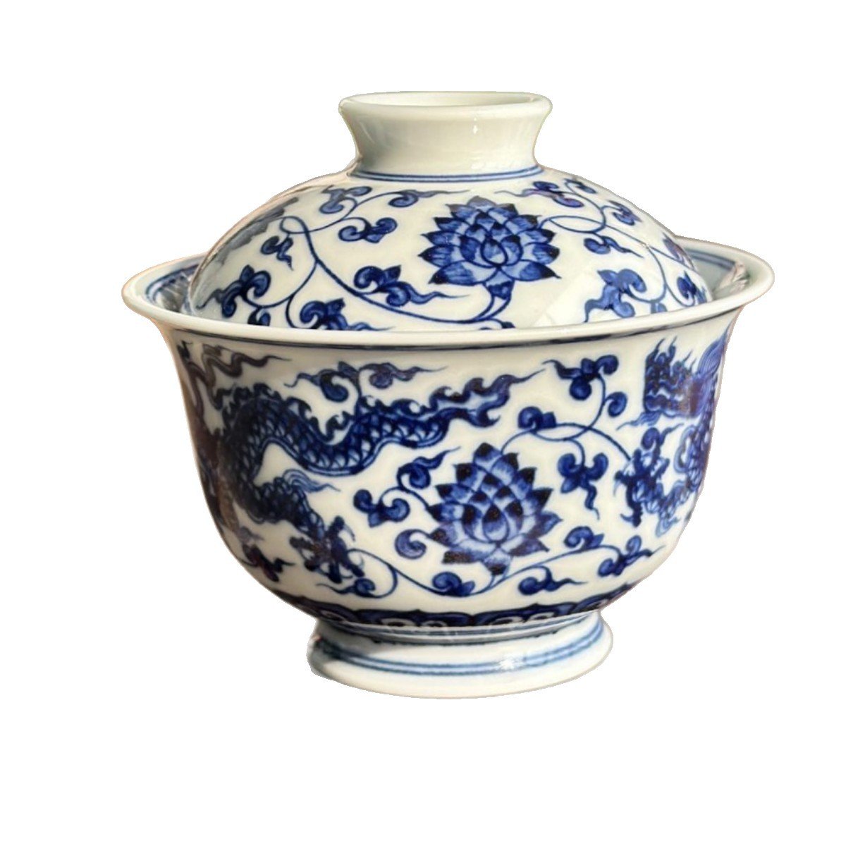 Hand-Painted Blue & White Double Dragon Gaiwan Tea Set with Tray – Jingdezhen Artisan (3-Piece Set)
