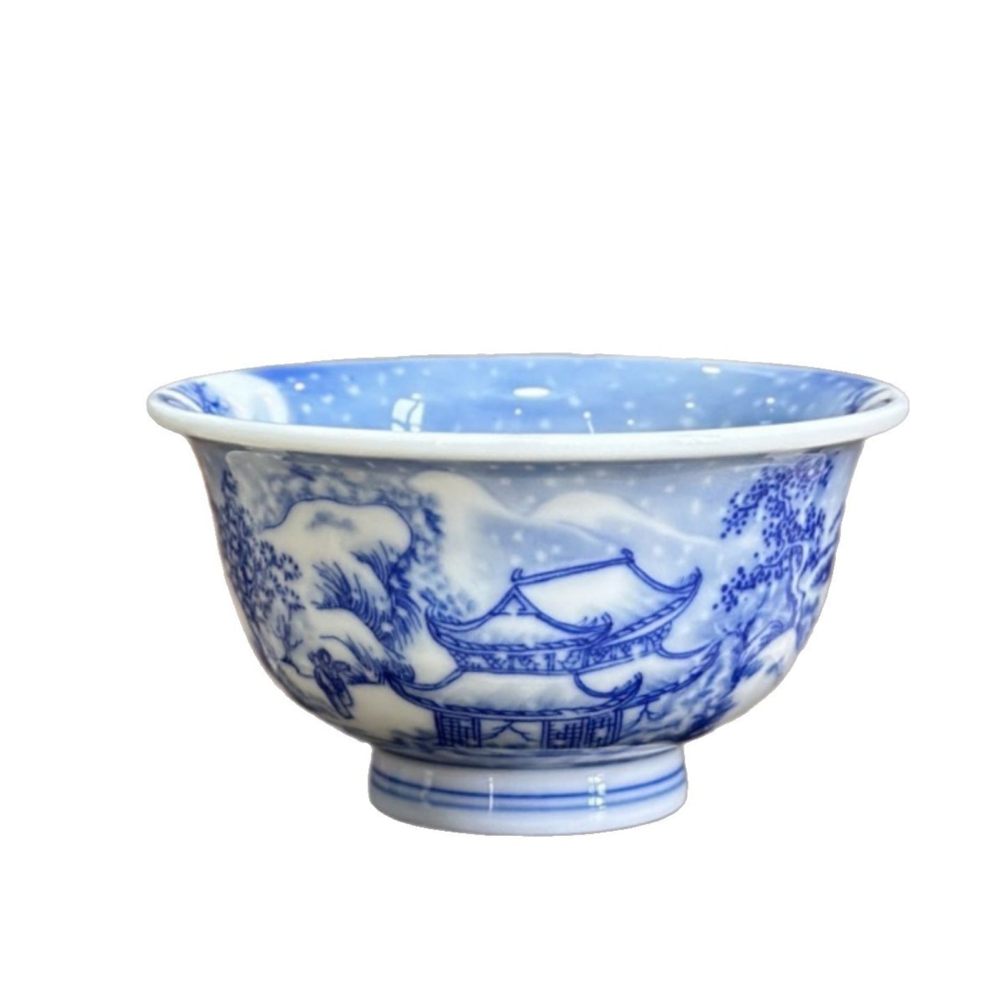 Blue & White Snow Scenery Hand-Painted Press Tea Cup – Master Cup from Jingdezhen