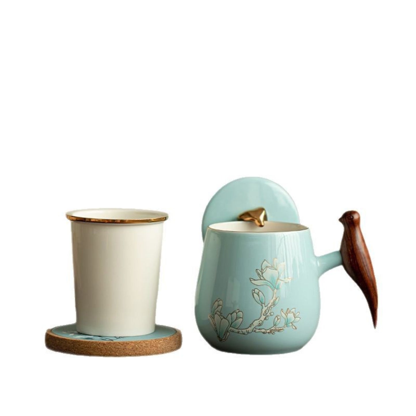 450ml ceramic tea infuser mug with magnolia flower design, blue glaze, lid and ergonomic handle