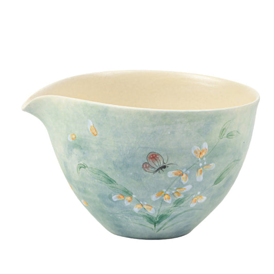 Hand-painted watercolor ceramic tea fair cup with Cymbidium orchid and butterfly design for loose leaf tea