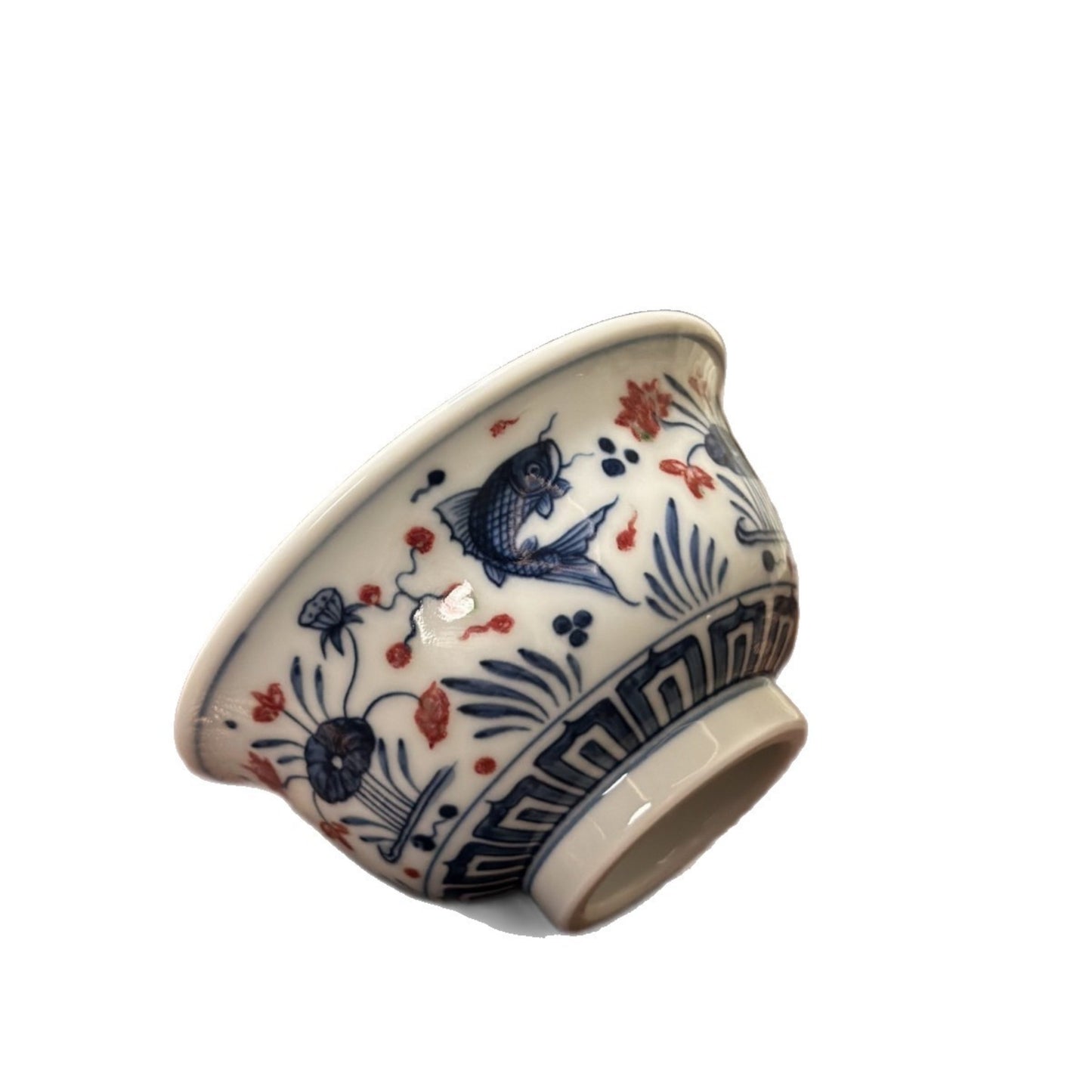 Hand-Painted Fish & Algae Pattern Blue & White with Red Glaze Master Tea Cup – Classic Chinese Gongfu Tea Cup