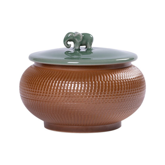 Front view of Dragon Kiln celadon handmade elephant tea caddy, 850ML capacity