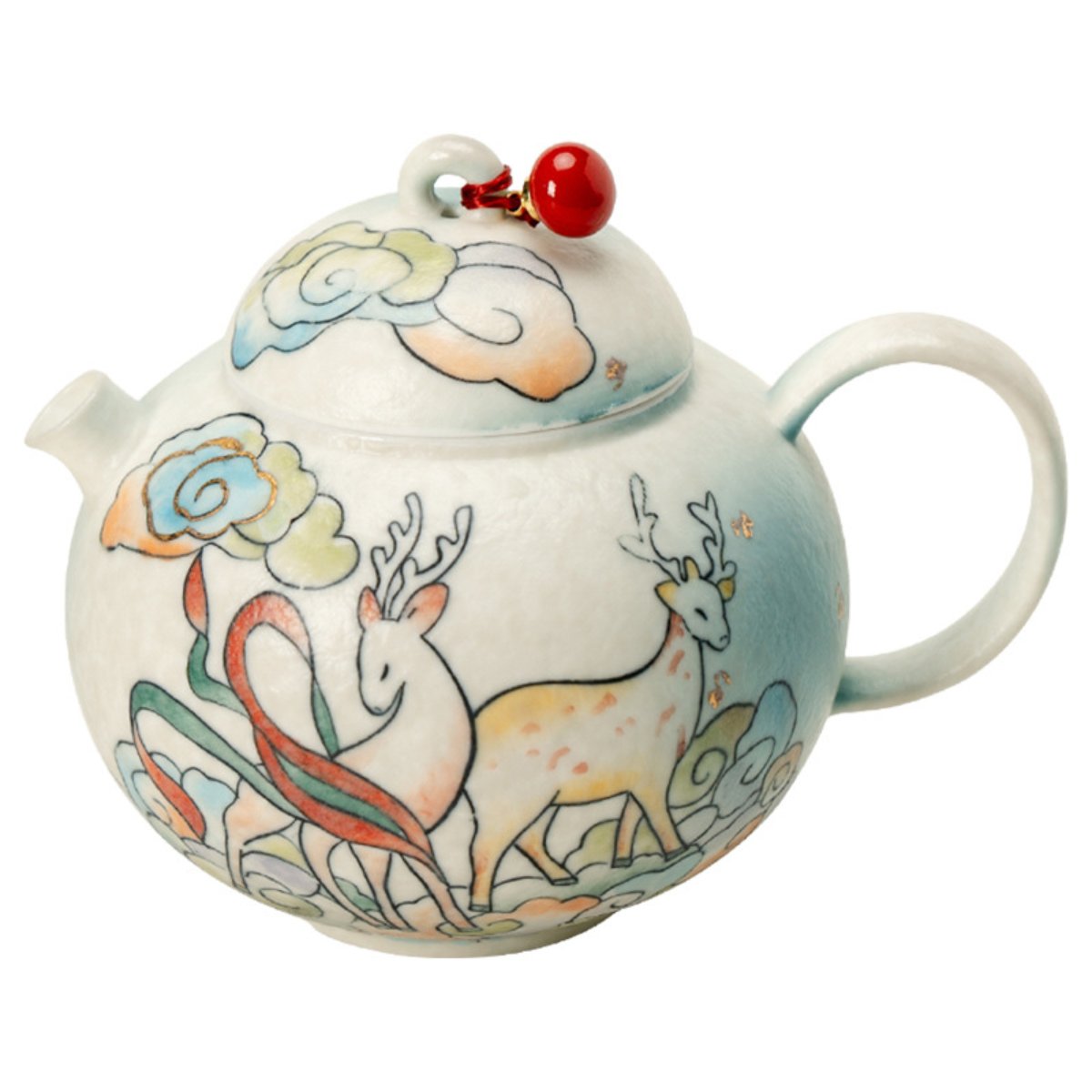 Hand-Painted Cloud Deer Round Belly Teapot Gift Set – 5 fl oz Ceramic Teapot with Built-In Strainer