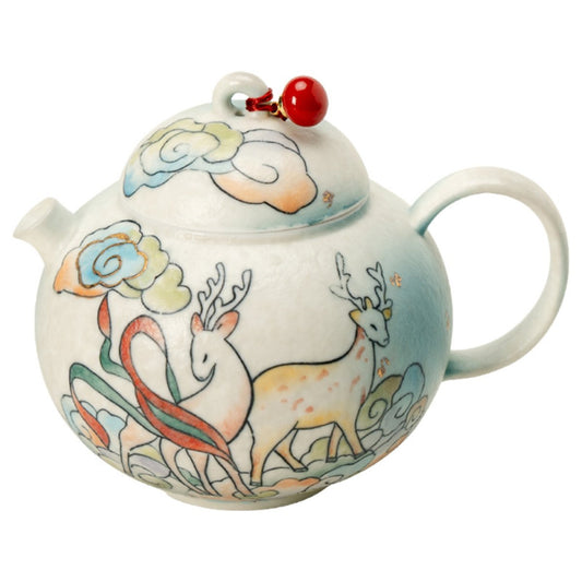 Hand-Painted Cloud Deer Round Belly Teapot Gift Set – 5 fl oz Ceramic Teapot with Built-In Strainer