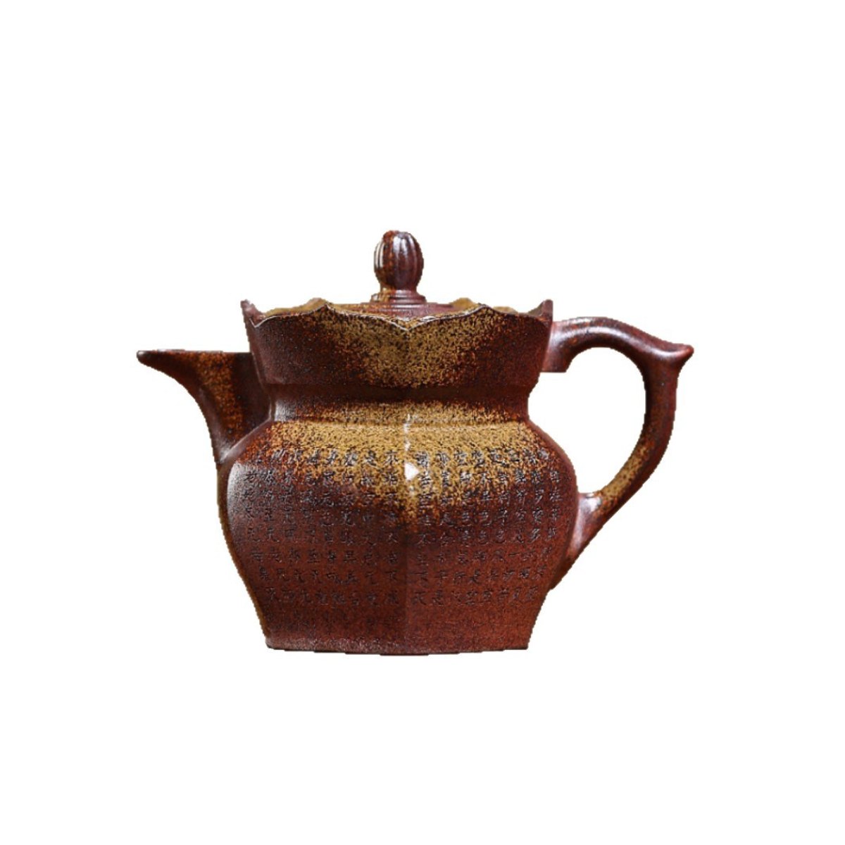 Six-Sided Monk Hat Yixing Zisha Teapot – Wood-Fired Duan Ni Clay, Hand-Carved Sutra, 290ml / 9.8oz