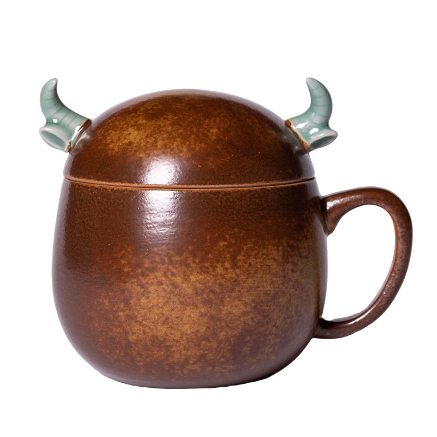 Longquan Celadon Tea Mug – Handmade Ceramic Cup with Oxhorn-Shaped Lid in Gift Box