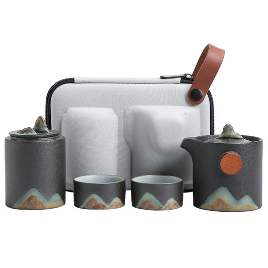 Japanese Hand-Painted Travel Tea Set – Mountain Landscape Gongfu Teapot and Cups
