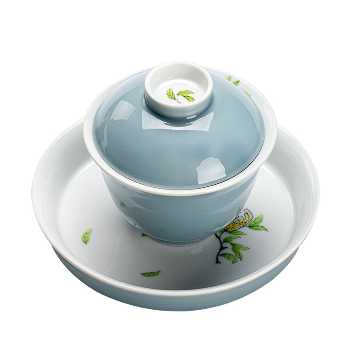 Celadon hand-painted porcelain gaiwan tea set with decorative motif