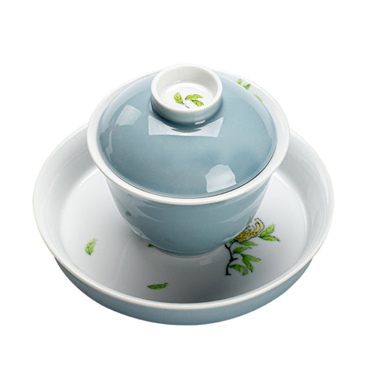 Celadon hand-painted porcelain gaiwan tea set with decorative motif