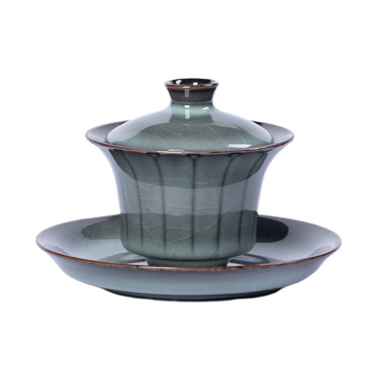 Longquan Celadon Begonia Gaiwan with Iron Body and Crackle Glaze in Gift Box