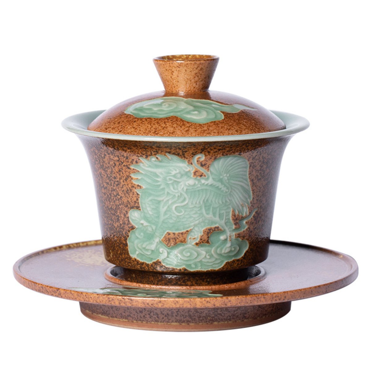 Longquan celadon kiln-fired gaiwan with Qilin lid in gift box