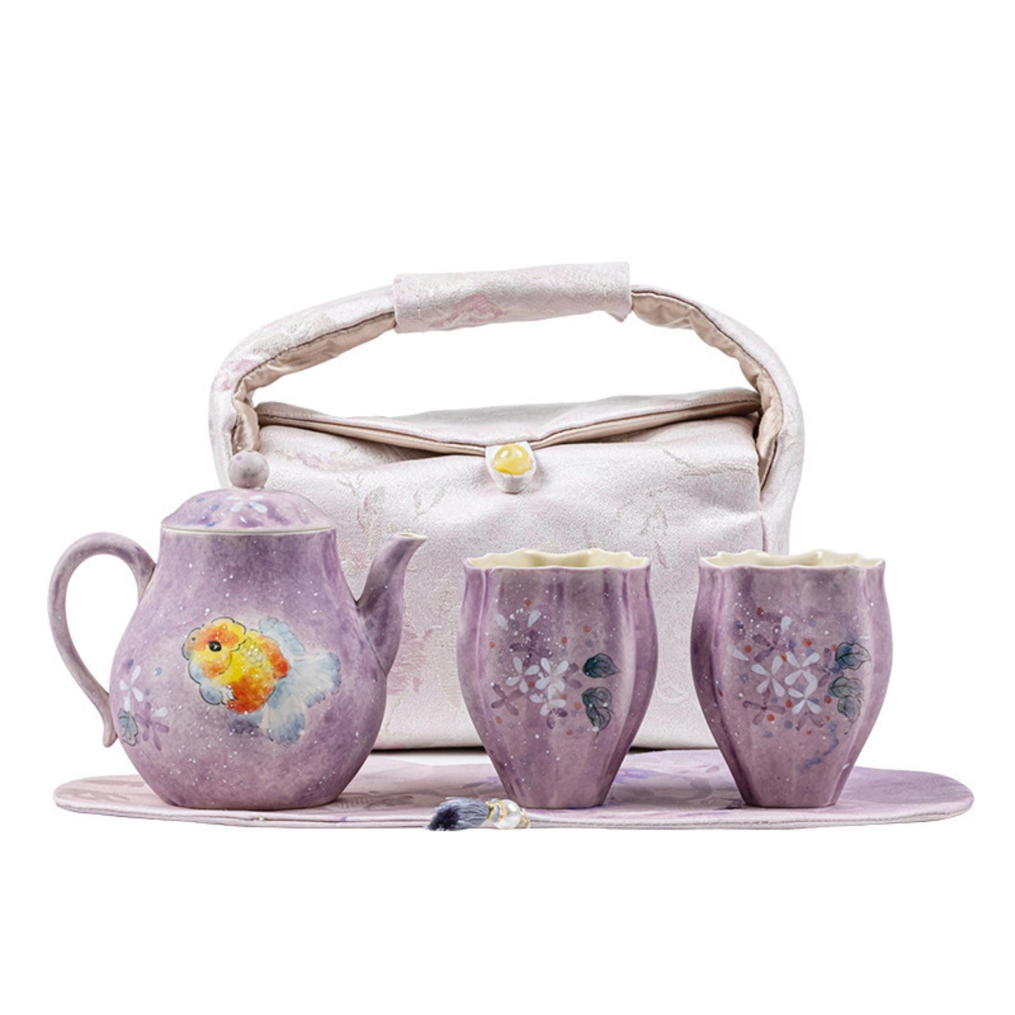 Handcrafted purple porcelain travel tea set with goldfish teapot, two cups, tea mat, and brocade bag – Zilin Siyuan design