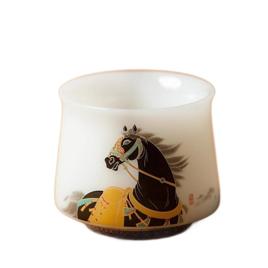 Puyu White Porcelain Black Horse Tea Cup Gift Box 3.4 fl oz