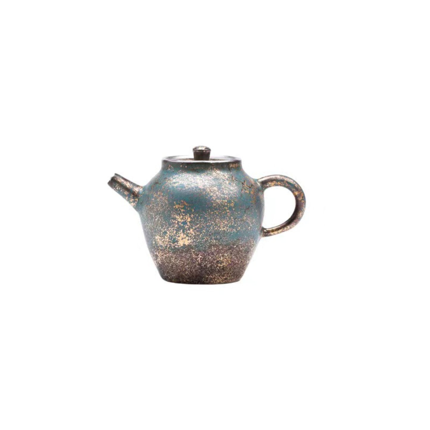 Evergreen Glaze Ceramic Teapot with Vintage Gold Accents – 5.4oz (160ML) Handcrafted Tea Kettle