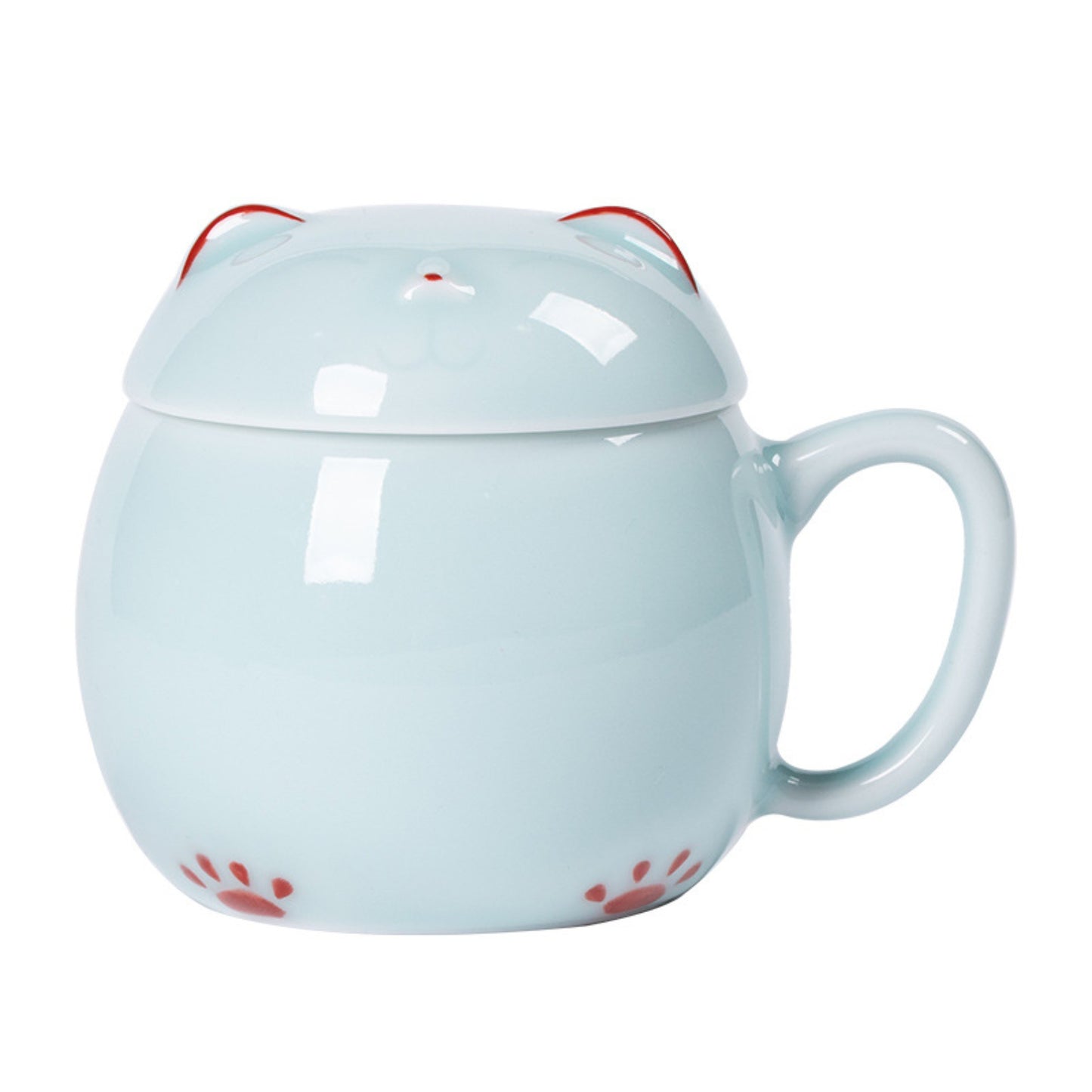Longquan celadon lucky cat lidded tea mug for office and home use