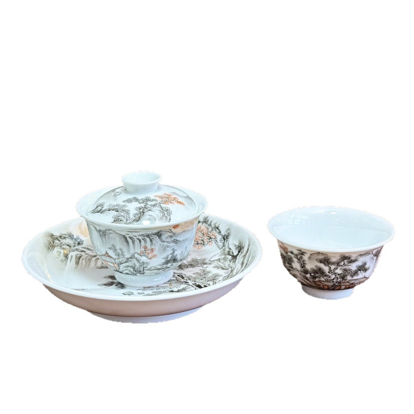 Ink-Painted Three-Piece Gaiwan Tea Set – Traditional Chinese Sunrise Design with Gift Box