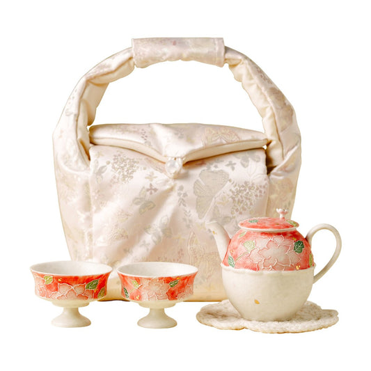 Hand-painted golden rose ceramic travel tea set with teapot, built-in filter, 2 cups, and travel bag